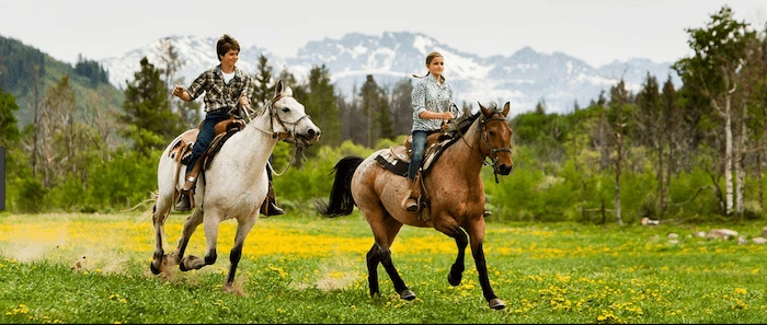 Confident plus-size woman riding Walton on the Hill a horse through a field with a smile on her face.